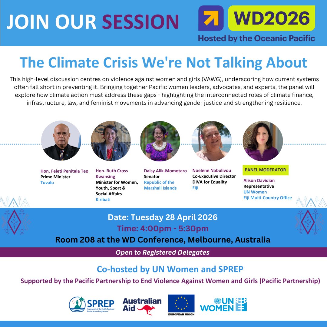 SprepChannel's tweet image. #PACIFIC 🌍 Join our session at #WD2026: The Climate Crisis We’re Not Talking About 🌏
If you’re attending, mark your diaries! 🗓 28 April 2026 |⏰4:00–5:30pm 📍 Room 208, Melbourne
Co-hosted by @UN_Women &amp;amp; @SprepChannel, supported by the #PacPartnership - @dfat &amp;amp; @EUPasifika