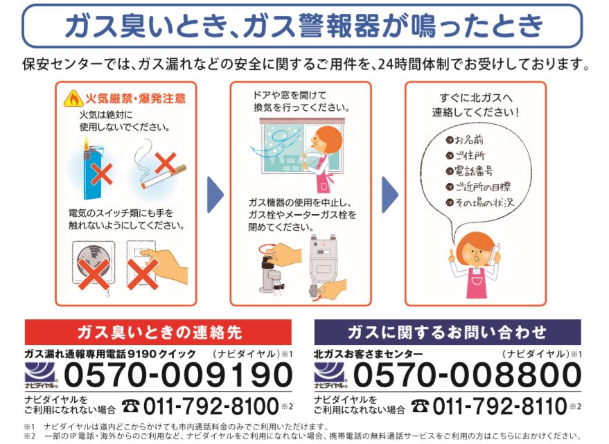 北ガスの供給区域内において地震が発生しました。万が一、ガスのにおいがした場合は、速やかにガスの使用を中止し、ガス栓やガスメーターの元栓を閉め、窓や戸を開けてから、もよりのガス漏れ専用連絡先へご連絡ください。また、換気扇など電気のスイッチには絶対手を触れないでください 。