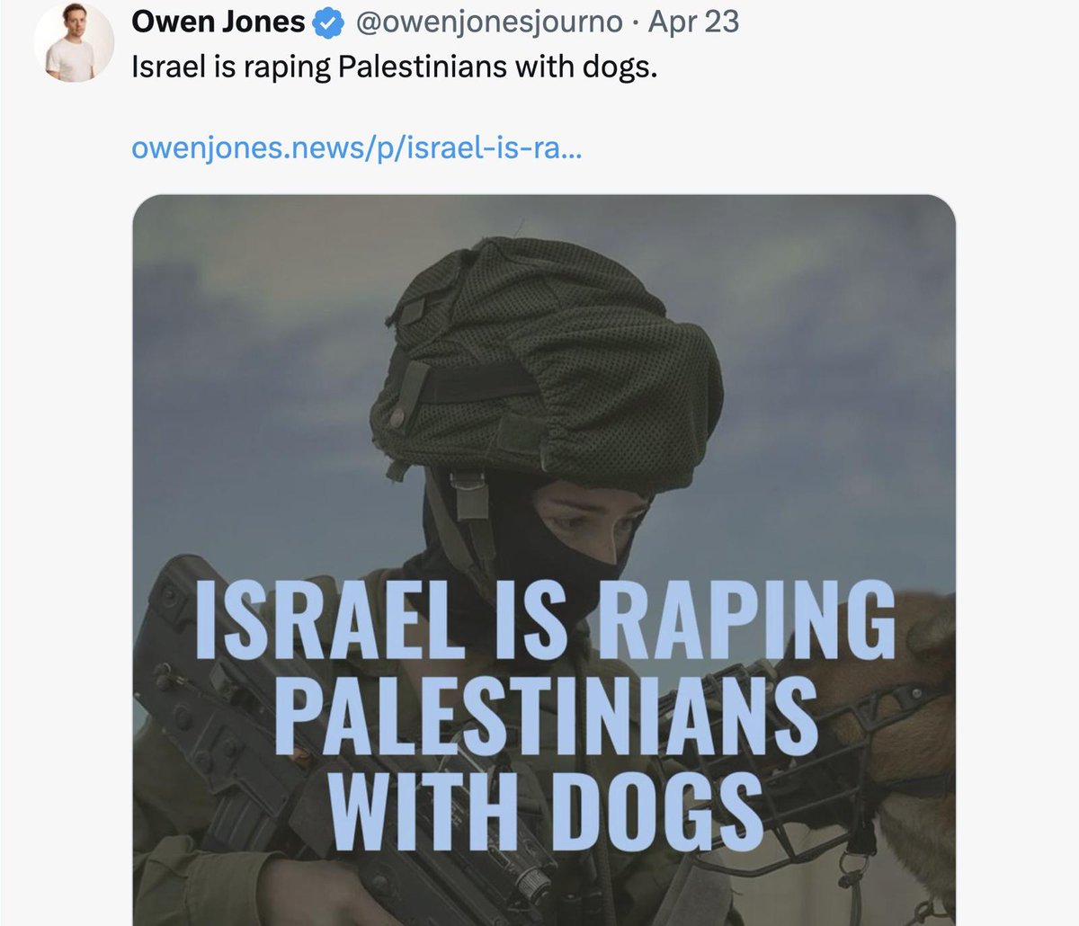 Depois dos golfinhos espiões, os cães violadores.
Palavra de honra que não existem maiores calhaus que os apoiantes da causa Free Palestine. Esta conta-fábrica de fake news tem um milhão de seguidores.