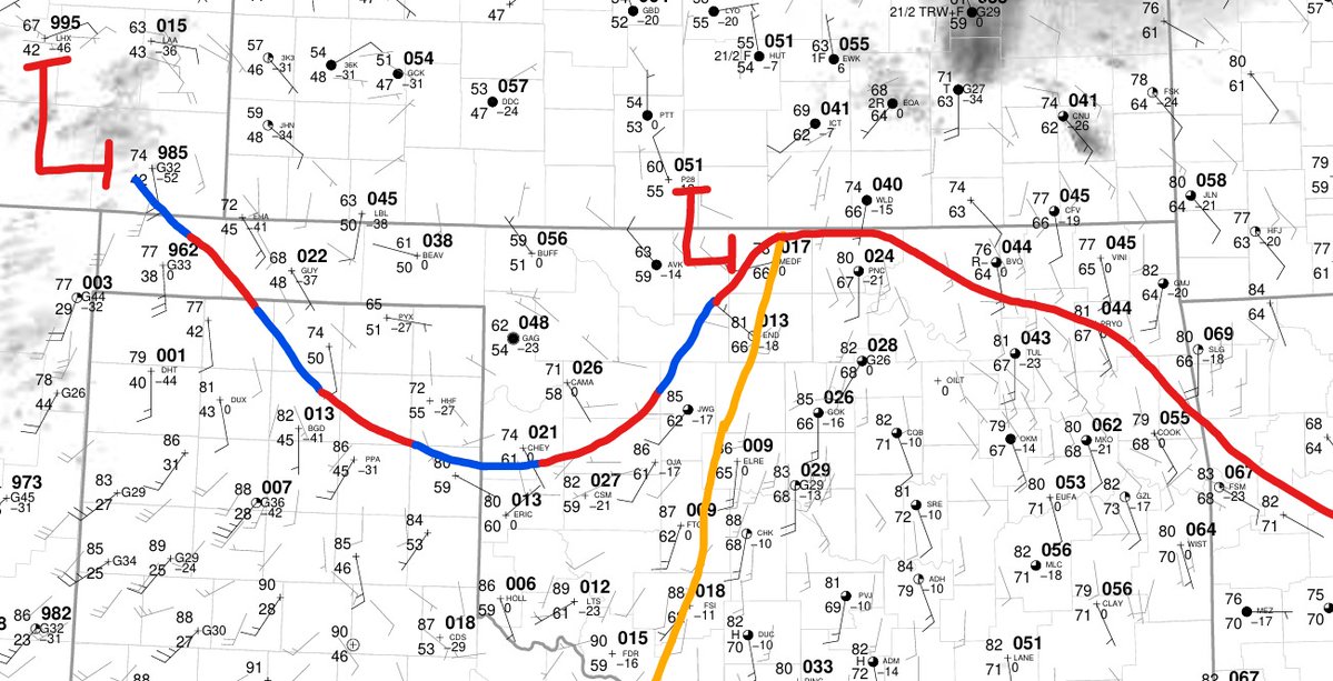 wxtwisted's tweet image. THREAD 1/6 
Convective Initiation is likely in Northern OK in the next 1-2 hours. Looking at SFC OBS., a dryline exists throughout central OK with a warm front to the east. Bubbling cumulus exists south of the WF, with increasing convergence along the DL.
#wxtwitter #tornado #wx