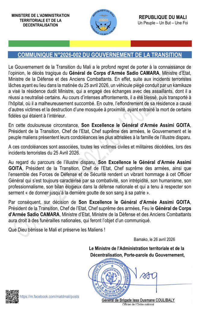 L_ESSOR's tweet photo. #Mali : Au regard du parcours de l'illustre disparu, Son Excellence le Général d'Armée Assimi GOITA, Président de la Transition, rend un vibrant hommage à cet Officier Général qui s'est toujours caractérisé par sa combativité…. https://t.co/SLBghZwcAw
