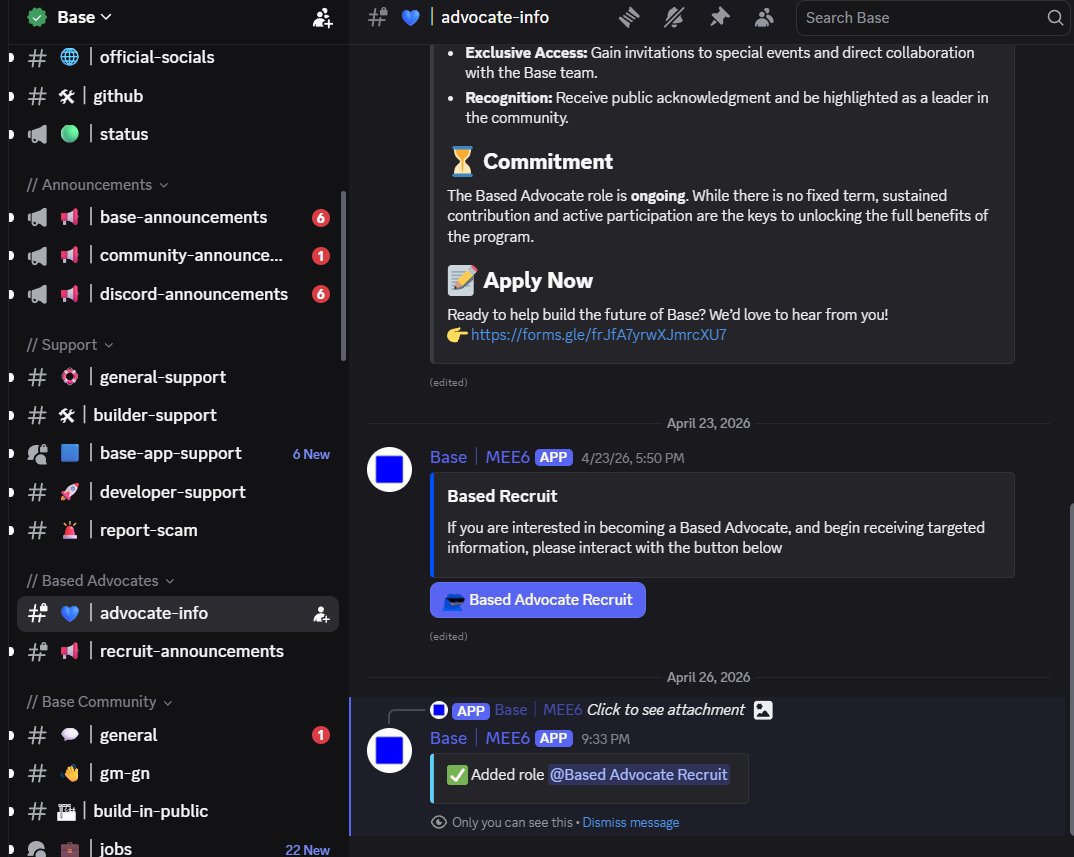 Here how to claim the "Based Advocate Recruit" role <a href="/base/">Base</a> 

>> Go to the discord server discord.gg/YyRepdGtz

>> Scroll down till you locate #advocate-info 

>> Claim your role