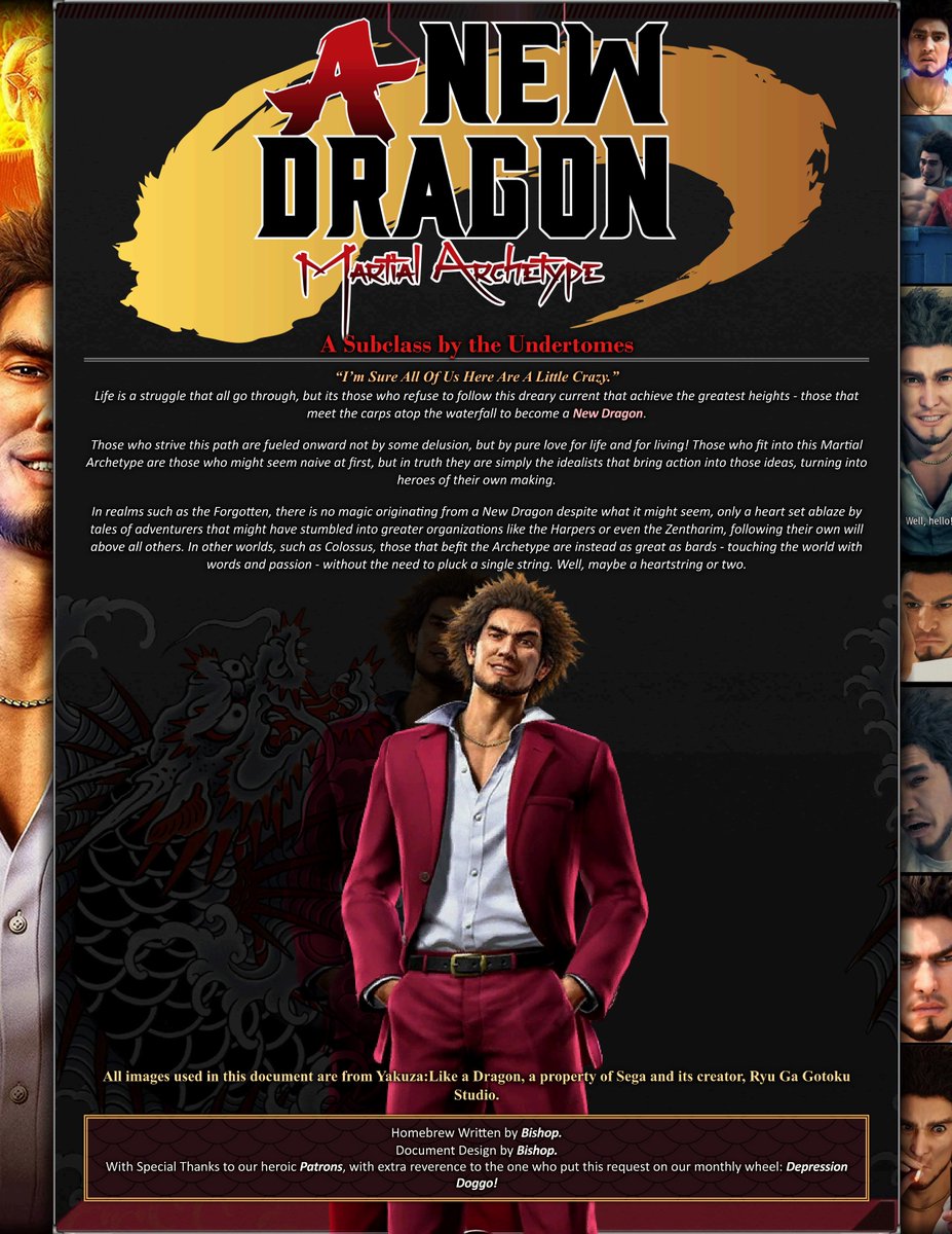 undertomesThe's tweet image. This time around we bring you a fighter capable of changing reality to bend to their own ideals, turning a stick into a spear and making use of anything around to pave their hero's path! 

#Yakuza #LikeADragon #DnD #5e [1/2]