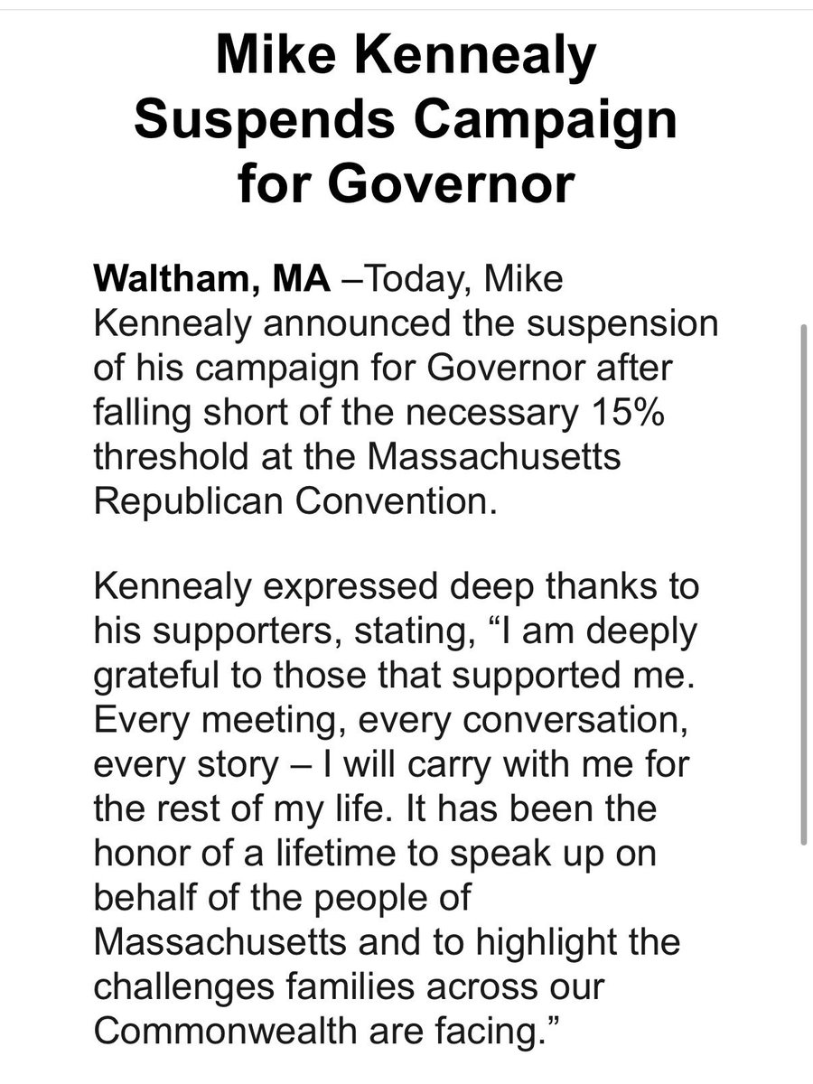 byChrisVan's tweet image. MIKE KENNEALY: After missing the cut last night at the MassGOP convention, former Baker cabinet secretary Mike Kennealy officially suspends his campaign for governor. #mapoli