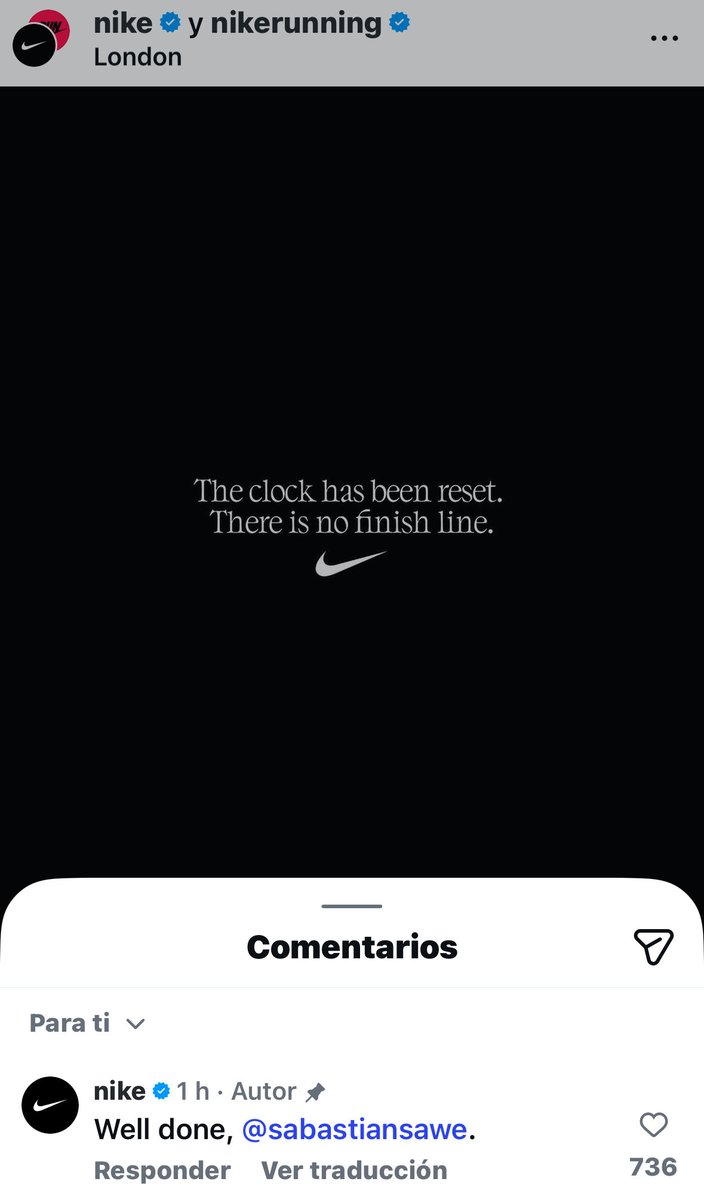 Muy bueno esto.

Nike felicita a Sawe (Adidas), pero promete revancha tras ‘perder’ en la lucha por el primer Sub2:00 legal.