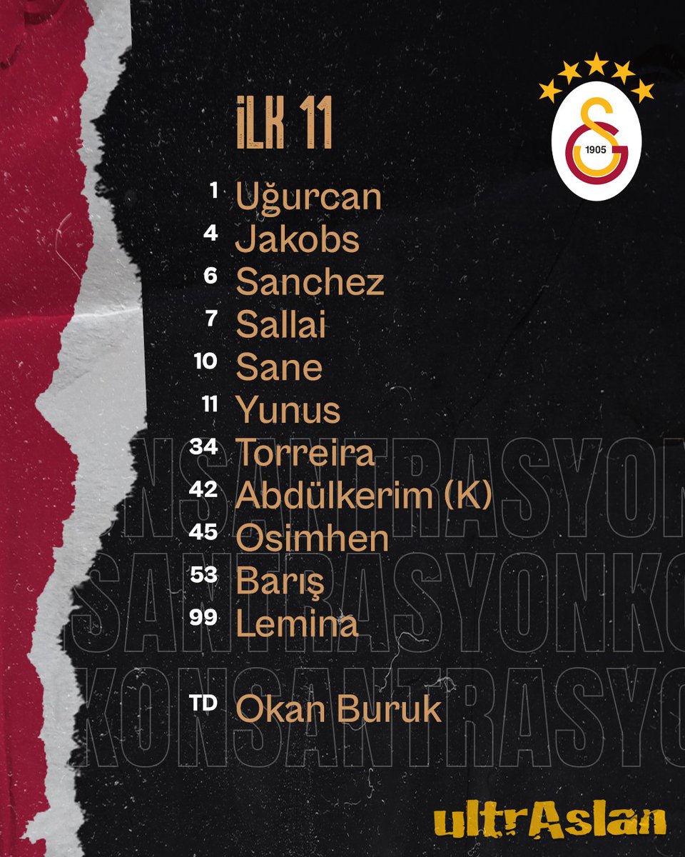 ultrAslan's tweet photo. 🟨🟥 GALATASARAYIMIZIN İLK 11'İ!

#BugünGünlerdenGALATASARAY

#ultrAslan https://t.co/DY3QkB484G