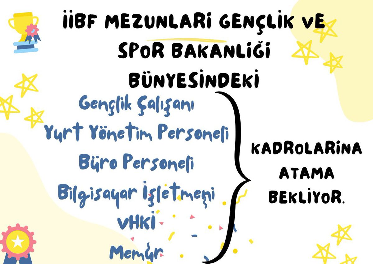 Kpssgirl06's tweet photo. İİBF mezunları; Gençlik ve Spor Bakanlığı bünyesindeki Gençlik Çalışanı, Yurt Yönetim Personeli, Büro Personeli, Bilgisayar İşletmeni, VHKİ ve Memur kadrolarına atama bekliyor.
@mustafakoctr06 @eminogluenes @aliozdemirgsb @enes_efendioglu @recepalier @OA_BAK https://t.co/S0twWd3CgL