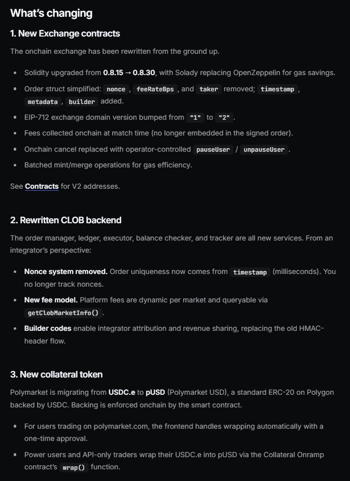 undefinedKi's tweet photo. Polymarket is rolling out CLOB V2 on April 28. Here's why it matters to you

For traders:

> ~1 hour of downtime around 11:00 UTC. All open limit orders get wiped. If you LP across multiple markets, be ready to re-place

> USDC.e becomes pUSD. Website handles it automatically with one approval. Nothing to do

> Every order will show which app placed it on-chain. You can scan top wallets and see which copy trade bots they actually use

> Fees stay maker-rebate-positive. LP strategy unchanged

For devs:

> SDK swap is mandatory. @polymarket/clob-client → clob-client-v2. py-clob-client → py-clob-client-v2. Old packages stop working after cutover. Zero backward compatibility

> Constructor goes positional args → options object. chainId renamed to chain

> Order struct: nonce, feeRateBps, taker removed. timestamp (ms), metadata, builder added. EIP-712 domain version "1" → "2"

> Builder auth: HMAC headers and builder-signing-sdk are dead. Replaced with one builderCode (bytes32) field on the order. Get it from https://t.co/cJVUE8mRms

> Fees move out of signed orders to protocol-set at match time. fee = C × feeRate × p × (1 − p). Use getClobMarketInfo(conditionId) to query tick size, fee rate, min order size in one call

> Test against https://t.co/x8aSVRk0eP now. Production URL flips on cutover automatically.

90% of users won't read the docs. They won't notice the new on-chain data layer either

That's the window