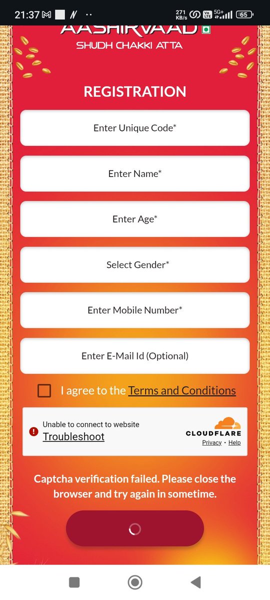 Proguru77's tweet photo. @AashirvaadAtta how do I redeem the Unique code , everytime Captcha verification is in troubleshoot in all Phones and all browsers https://t.co/XWr5n7kGtJ