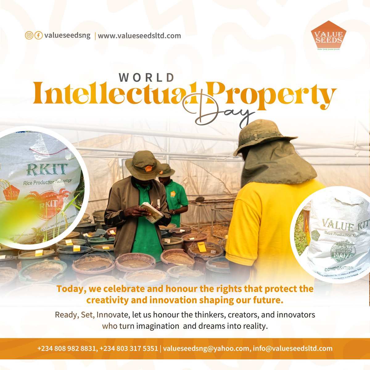 ValueSeeds's tweet photo. Happy World Intellectual Property Day!
Let us continue to value, protect, and harness our ideas for lasting impact.
#ReadySetInnovate #intellectualpropertyday #wipd @ValueSeeds @AGRA_Africa @Propcomplus @AOyikyara https://t.co/JPz6eSgT3P