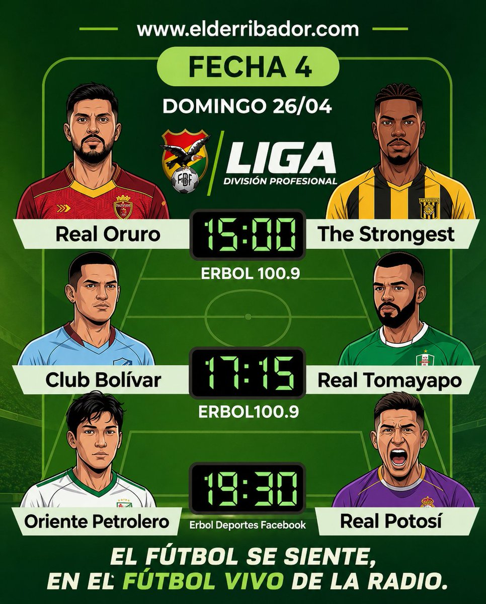 ElDerribador's tweet photo. #𝐄𝐑𝐁𝐎𝐋𝐃𝐄𝐏𝐎𝐑𝐓𝐄𝐒  |☀️Cartelera futbolera para este domingo🏟️.
Seguinos en todas nuestras señales: #ERBOL 100.9 FM para #LaPaz y #ElAlto y emisoras en el interior. Además, dale click a nuestros enlaces:
https://t.co/pRfpEApY13
https://t.co/xO8cLe1GtU
#LaCascadaBolivia https://t.co/9AYeQrwK5v