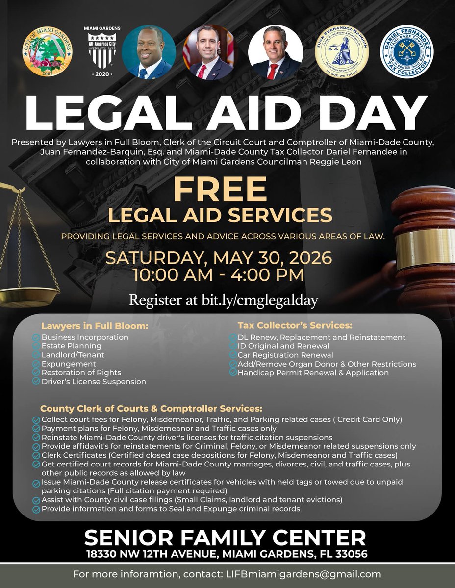 Need legal services? Come out and take advantage of FREE legal services and legal advice, rendered by some of South Florida's most trusted attorneys. Happening on May 30th, 2026, at 10 am.  Register to participate at bit.ly/cmglegalday