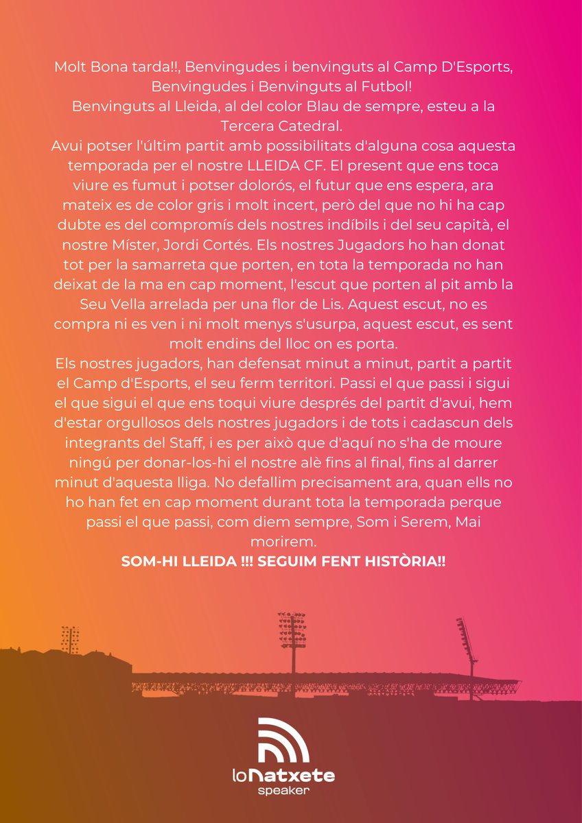 LoNatxete's tweet photo. Us comparteixo el #Speech inicial del partit d'avui del @LleidaCF 💙🎤.

L'Escut no es toca 💙 https://t.co/SzyMWwkB2a