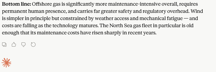 RupertFausset's tweet photo. @afneil Claude: Ongoing maintenance for offshore wind vs gas power from offshore gas? https://t.co/DkOSYEglY3