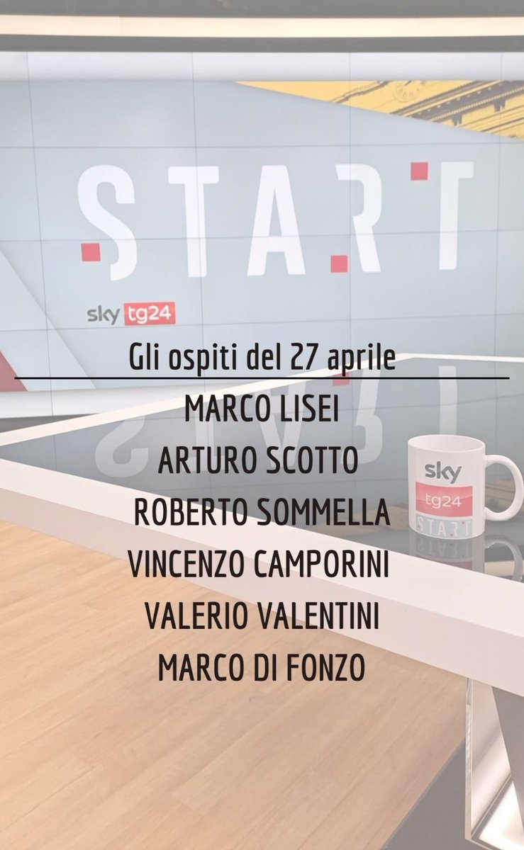giopank's tweet image. Domani a #Start saremo con @Marcolisei, @Arturo_Scotto, @SommellaRoberto, @camporin1, @valentinivaler e @marcodifonzo. Come sempre dalle 9:30 su @SkyTG24. Vi aspetto!