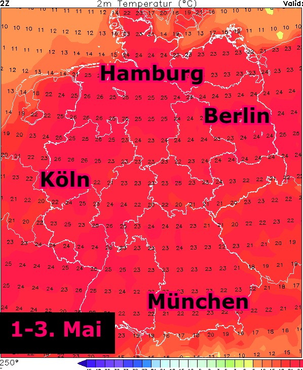 sturmwetter1703's tweet image. ICON rechnet warme Maitage!
Vom 1. bis zum 3. Mai sind in #Deutschland sommerliche #Temperaturen zu erwarten.
Die Höchstwerte steigen tagsüber auf 22 bis 25 Grad, im Westen und SW bis 27 Grad, auch Nachts langsam etwas milder bei 15 bis 8 Grad. Sonnig, zunehmende #Trockenheit!