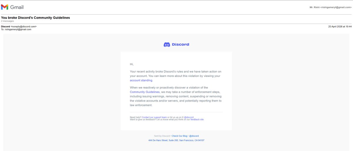 mrrishhi's tweet photo. @discord @discord_support @jasoncitron  @svishnevskiy 
I am writing to appeal the action taken on my Discord account because my account was compromised yesterday through a fake verification process.

Yesterday, I joined a Discord server. The server asked me to verify my account, so I clicked the verification option and authorized what appeared to be the official Security Bot. The bot looked like a proper clone of the real Security Bot, so I believed it was genuine, but it turned out to be fake.
I am also attaching a screenshot of the Security Bot embed that I clicked “Verify” on. After clicking it, the bot asked me to prove that I was not a robot and then redirected me to a link which asked me to authorise

After this, the attackers gained access to my account and started sending extremely offensive and false messages from my profile that violate Discord’s Terms of Service. These messages were not sent by me.
As soon as I realized that someone else was using my account and sending those fake messages, I tried to delete them immediately. After that, I removed all authorized apps from my Discord account and changed my password.
Once I did that, the hacker lost access to my account. However, after a few minutes, my account got suspended.

I received an email from Discord saying that action has been taken on my account, and I have attached a screenshot of that email as well for reference.
I also submitted a request on the Discord Support website yesterday explaining everything, but I received a response from Clyde, Discord’s bot, asking me to appeal directly from within my Discord account by going to:
User Settings > My Account > Standing > select the violation > “Let us know”

However, it has now been more than 24 hours since my account was suspended, and I still haven’t received any response from Discord Support.

My Discord account is very important to me because I am a gaming YouTuber with 1.2 million subscribers, and I also manage a verified Discord server with an 11K-member community.

Discord Support Case Id #65058909
Discord server link: https://t.co/R67YHdPFjD
Username: mr.rishi 
Email linked to the account: rishigameryt@gmail.com

Please review my case manually. My account was compromised, and the messages that violated Discord’s Terms were not sent by me. I took immediate action to secure my account as soon as I noticed the unauthorized access.
