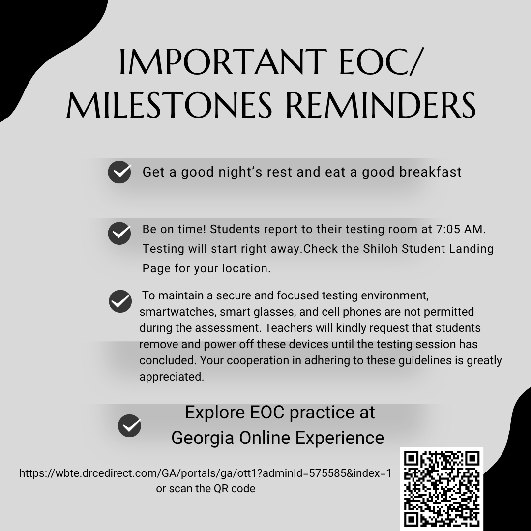 ShilohGenerals's tweet photo. EOC/Milestone Testing starts TOMORROW! 

-Check the Shiloh Student Landing Page for your location during testing. 
-Pack your fully charged Chromebook + charger tonight! 🔋
You’ve worked hard all year and you’re going to do great! Let's go! https://t.co/Xm8EnaWn6c