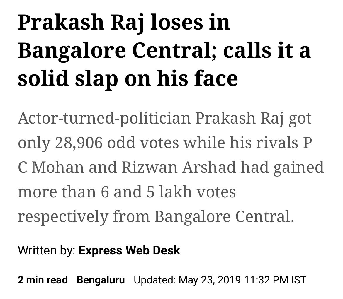 <a href="/prakashraaj/">Prakash Raj</a> Not just a failed actor, a failed Politician too my Phraands .. 28,906 votes vs PC Mohan’s 6 Lakh + votes 

Do you have any shame left .. We know you don’t, still #justasking 😭😭😭
