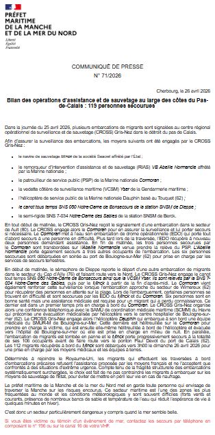 premarmanche's tweet image. [#Opérations] d'assistance et de sauvetage le 25 avril au large des côtes du Pas-de-Calais : 119 personnes secourues.    Coordination par
@CROSSGrisNez
Pour en savoir plus ▶️bit.ly/4e5fjEl