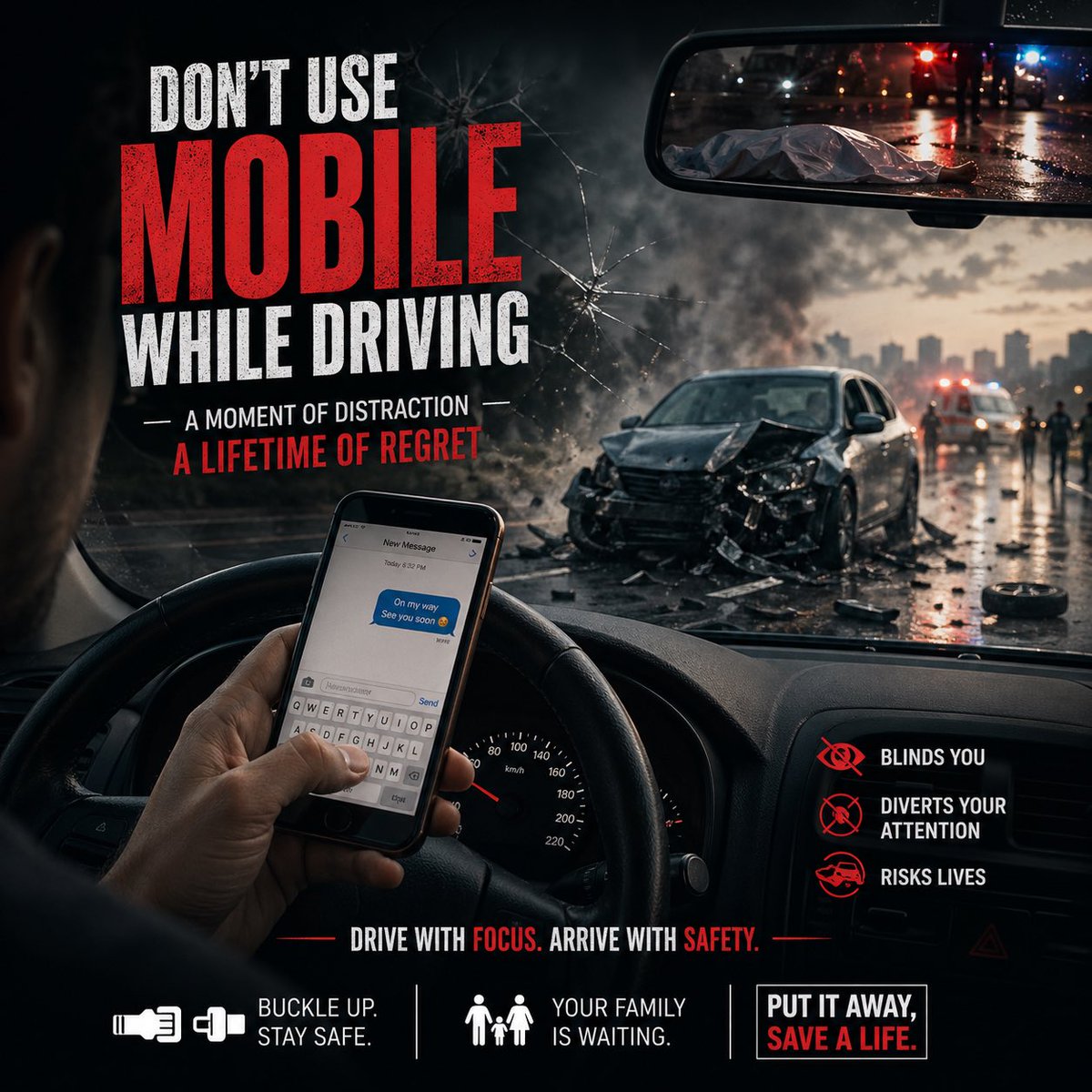 cpamritsar's tweet image. A moment on the phone can cause a lifetime of regret. Keep your eyes on the road and your hands on the wheel. Let the message wait.

#DriveSafe
#StaySafe
