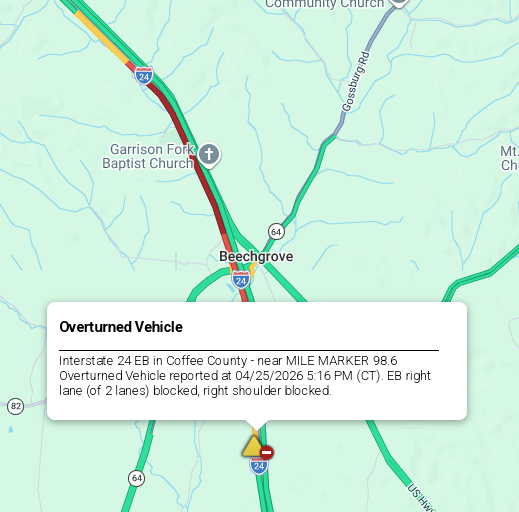 LiveTraffic2's tweet image. Coffee County- A crash being cleared on I-24 eastbound at 98 mm 11:21am CT. commanderchuck.net #CommanderChuck #Nashville #Chattanooga #Tennessee #TDOT #Traffic #TrafficAlert #Follow #Weather
