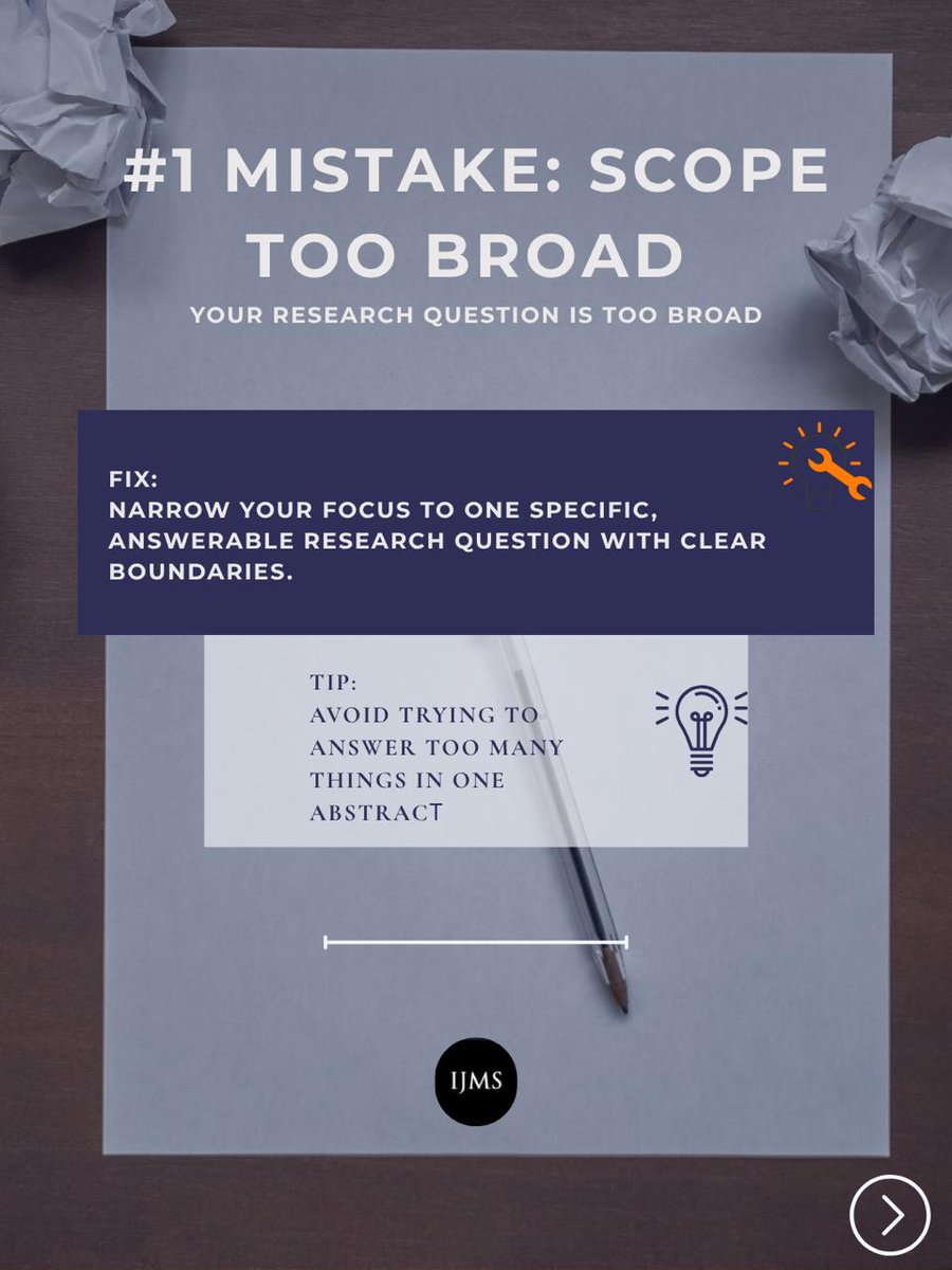 TheIJMS's tweet photo. Ready to submit to the #IJMS #WCMSR2026 ?
1: Avoid these common abstract mistakes! ⚠️
❌ Too broad: Unclear question, unfocused objective 
❌ Methods not explained: Missing design or sample information 
❌ Results too vague: Broad claims without specific findings https://t.co/U8eyD5fnaZ