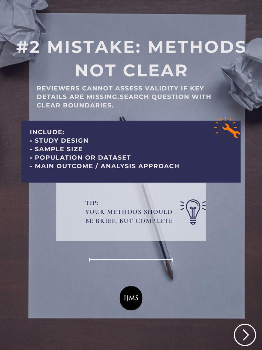 TheIJMS's tweet photo. Ready to submit to the #IJMS #WCMSR2026 ?
1: Avoid these common abstract mistakes! ⚠️
❌ Too broad: Unclear question, unfocused objective 
❌ Methods not explained: Missing design or sample information 
❌ Results too vague: Broad claims without specific findings https://t.co/U8eyD5fnaZ