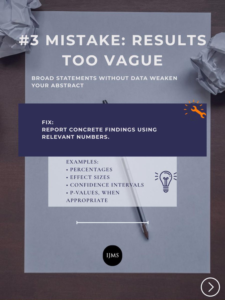 TheIJMS's tweet photo. Ready to submit to the #IJMS #WCMSR2026 ?
1: Avoid these common abstract mistakes! ⚠️
❌ Too broad: Unclear question, unfocused objective 
❌ Methods not explained: Missing design or sample information 
❌ Results too vague: Broad claims without specific findings https://t.co/U8eyD5fnaZ