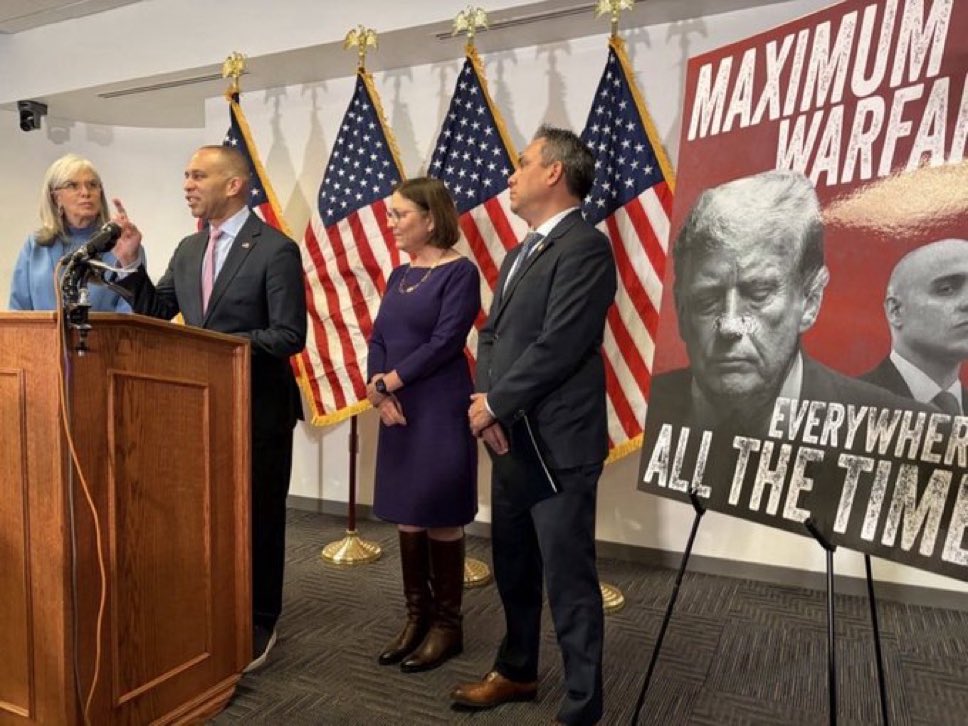 On Wednesday <a href="/RepJeffries/">Hakeem Jeffries</a> called for “Maximum Warfare Everywhere All The Time,” with a picture of Trump. Again, this attempted assassin didn’t go rogue. Democrats created him with their rhetoric. He believes he’s a hero. They told him to kill Trump &amp; he tried to do it.