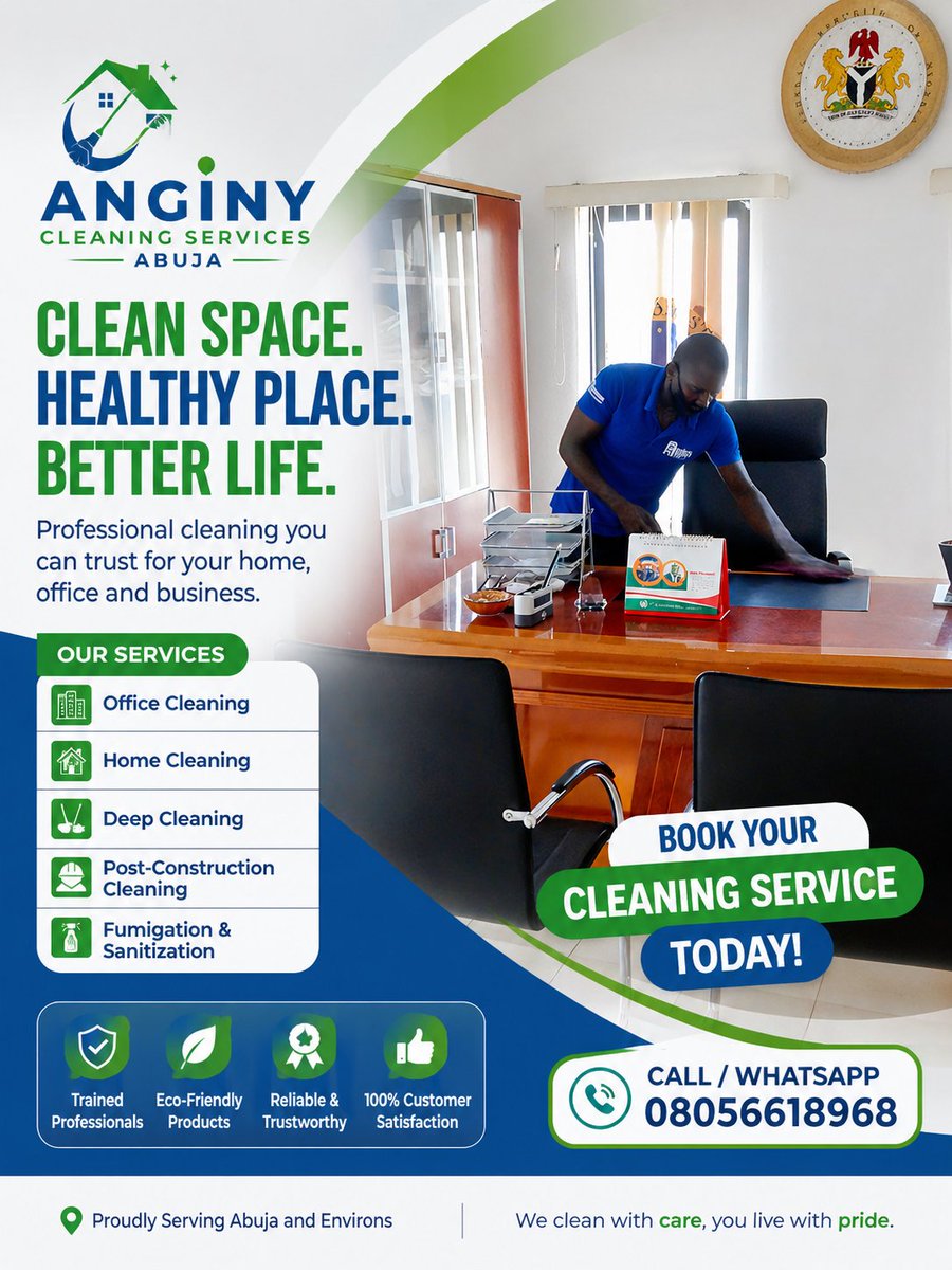 AnginyCleaning's tweet image. CLEAN SPACE. Healthy place. Better life. 
Serving homes &amp;amp; offices across Abuja — Gwarinpa, Maitama, Wuse, Asokoro, Lugbe &amp;amp; Garki.

Book professional cleaning today.
Contact us: 08056618968

#Abuja #Gwarinpa #Maitama #Wuse #Asokoro #Lugbe #Garki #CleaningServices #DeepCleaning