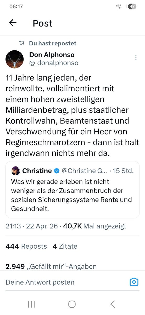 <a href="/cducsubt/">CDU·CSU</a> <a href="/jensspahn/">Jens Spahn</a> Die CDU ist dafür verantwortlich, was für eine Heuchelei ist das denn?

Euro, Massenmigration, Sozialstaat aufgebläht, immer mehr Beamte, immer höhere Diäten,Gehälter, höhere Steuern. 
Green Deal Ideologie. 

Alles das war eure Initiative, eure Beschlüsse, Ehescheidung.