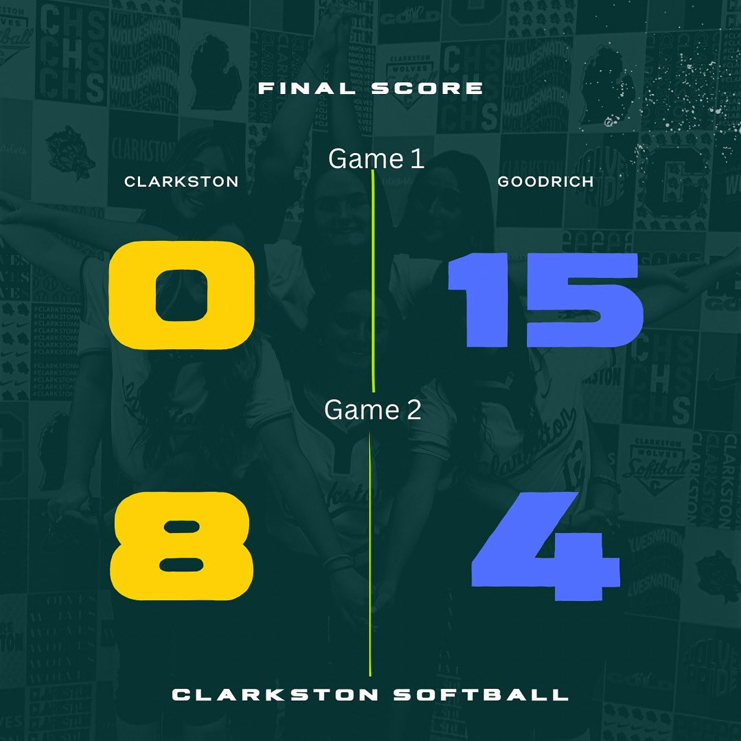 CHS_Wolves_SB's tweet photo. Clarkston split a doubleheader with Goodrich High School, dropping game one 15–0 before bouncing back with an 8–4 win in game two.

After a tough opener, Clarkston came alive offensively in the second game, tallying eight hits and showing a much stronger approach at the plate. The Wolves combined timely hitting with improved energy to secure the split and finish the day on a high note. Freshman, Reagen Allen hit a solo homerun, her second of the season.