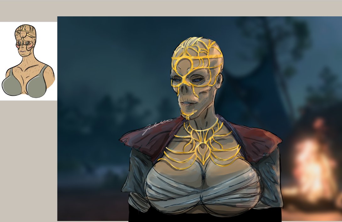 Jeydak69's tweet photo. @RheyaTheSun asked me to 'draw this in my style' and they posted it on the baldurs gate reddit. In a day it's gotten like 24k+ views. I've never had something with that kind of views so I guess im stuck with this being my 2026 master piece #baldursgate #withers #bignaturals https://t.co/oun07Gk3r5