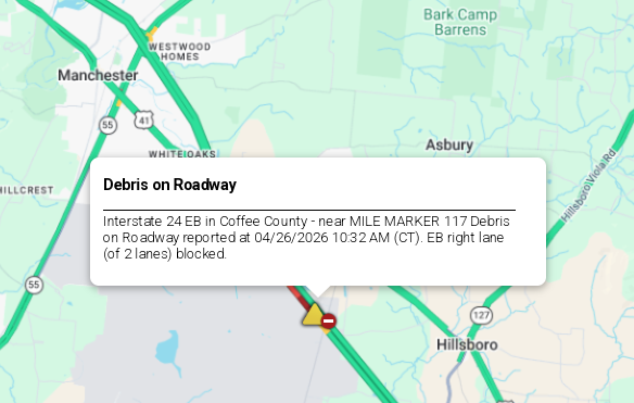 LiveTraffic2's tweet image. Coffee County- Slow go on I-24 eastbound at 117mm 11:25am CT. commanderchuck.net #CommanderChuck #Nashville #Chattanooga #Tennessee #TDOT #Traffic #TrafficAlert #Follow #Weather