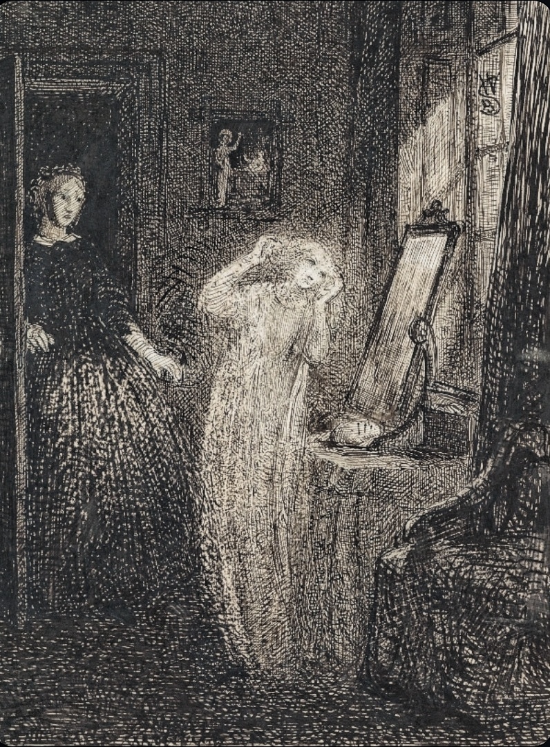 dreamerbook's tweet image. William Bell Scott — Woman Startled by the Ghost of a Girl by a Mirror (1811–1890)