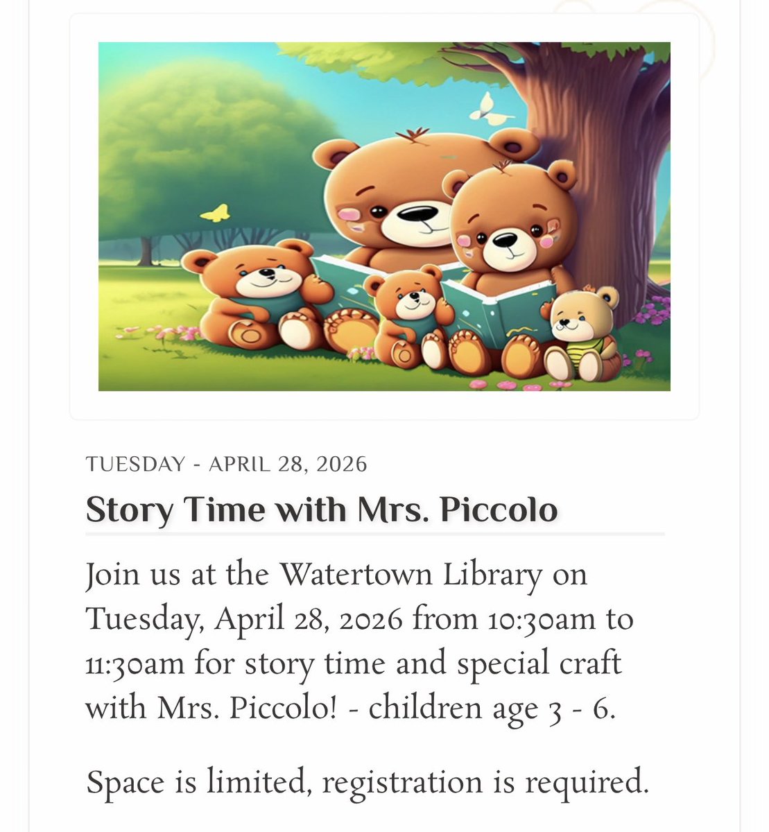 WtnLibraryCT's tweet photo. Tuesday morning, April 28 at Watertown Library…something for adults and something for little ones… https://t.co/0XckNzNnyi