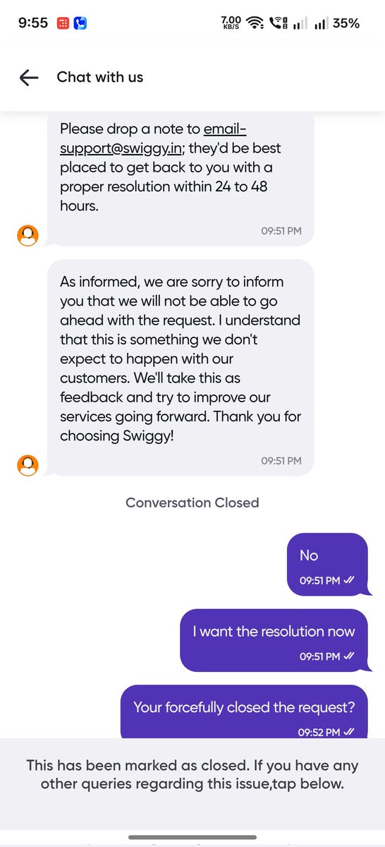 InnMoti's tweet photo. @Swiggy @SwiggyCares 
Forcefully closed the conversation, what the hell is wrong with you guys.
Id: 236185197318950
Waited for the order for approx 2 hrs and got this behaviour?
Before this call was also disconnected by your agent after putting it on hold?

@harshamjty https://t.co/g4Ip1Beca4