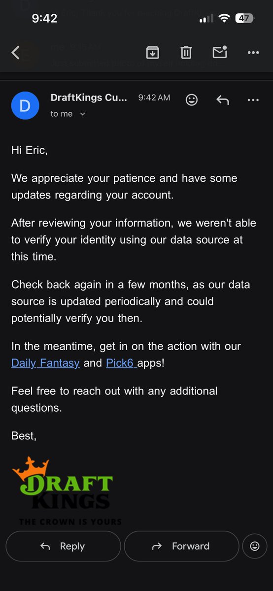 eric12255's tweet photo. @DraftKings @DKSportsbook @DK_Assist after placing bets last night, I logged into my account and found I was locked out. I submitted all required verifications of my drivers license, passport, SSN, I was denied and told to try again in a few months. 🚮🚽🗑️ 

Im now 100% @FanDuel https://t.co/4o0HtR6wov