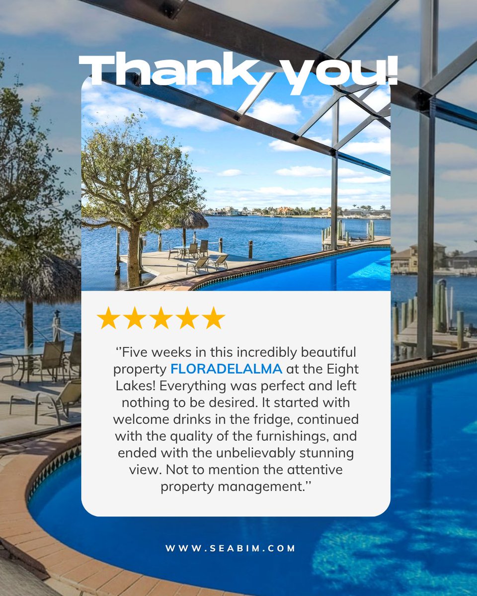 seabim's tweet image. A 5-week stay… and not a single thing missing.
That’s FLORADELALMA. 🌊

Book now: seabim.com/floradelalma

 #VacationRental #PrivatePool #FloridaVacation #GulfAccess #CapeCoral
