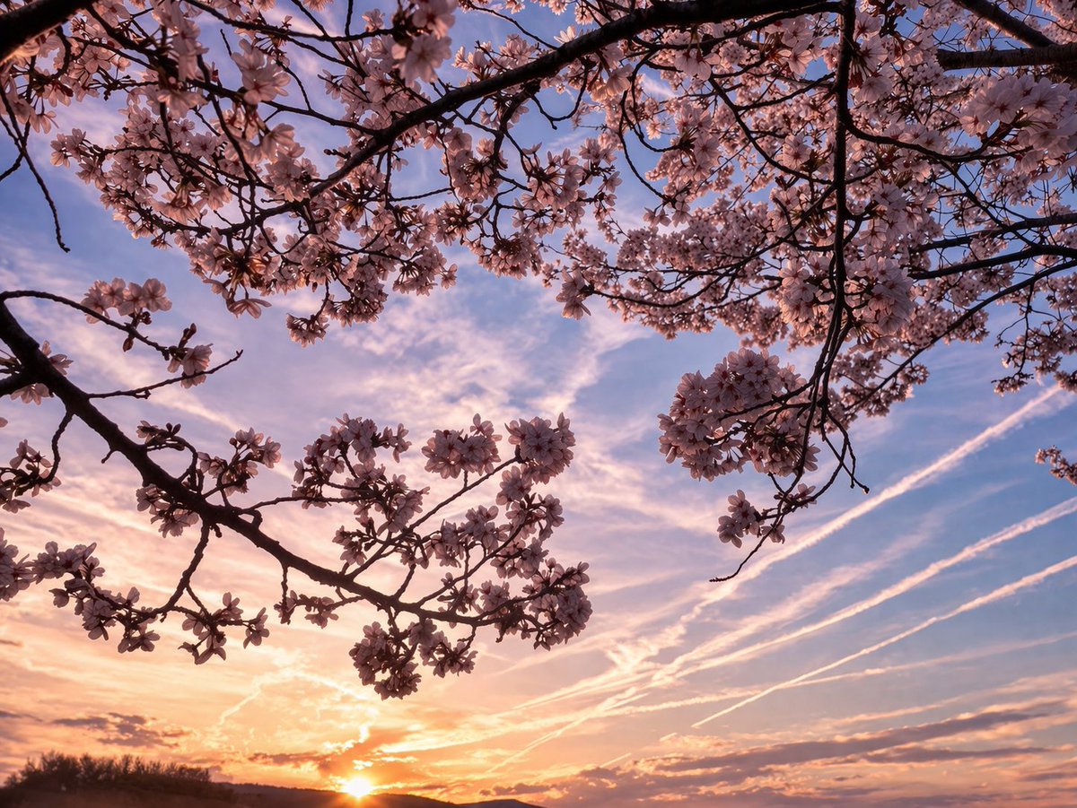 chekoruru's tweet photo. #サクラパズル
夕日と飛行機雲と桜 https://t.co/15McyMJ0ZY