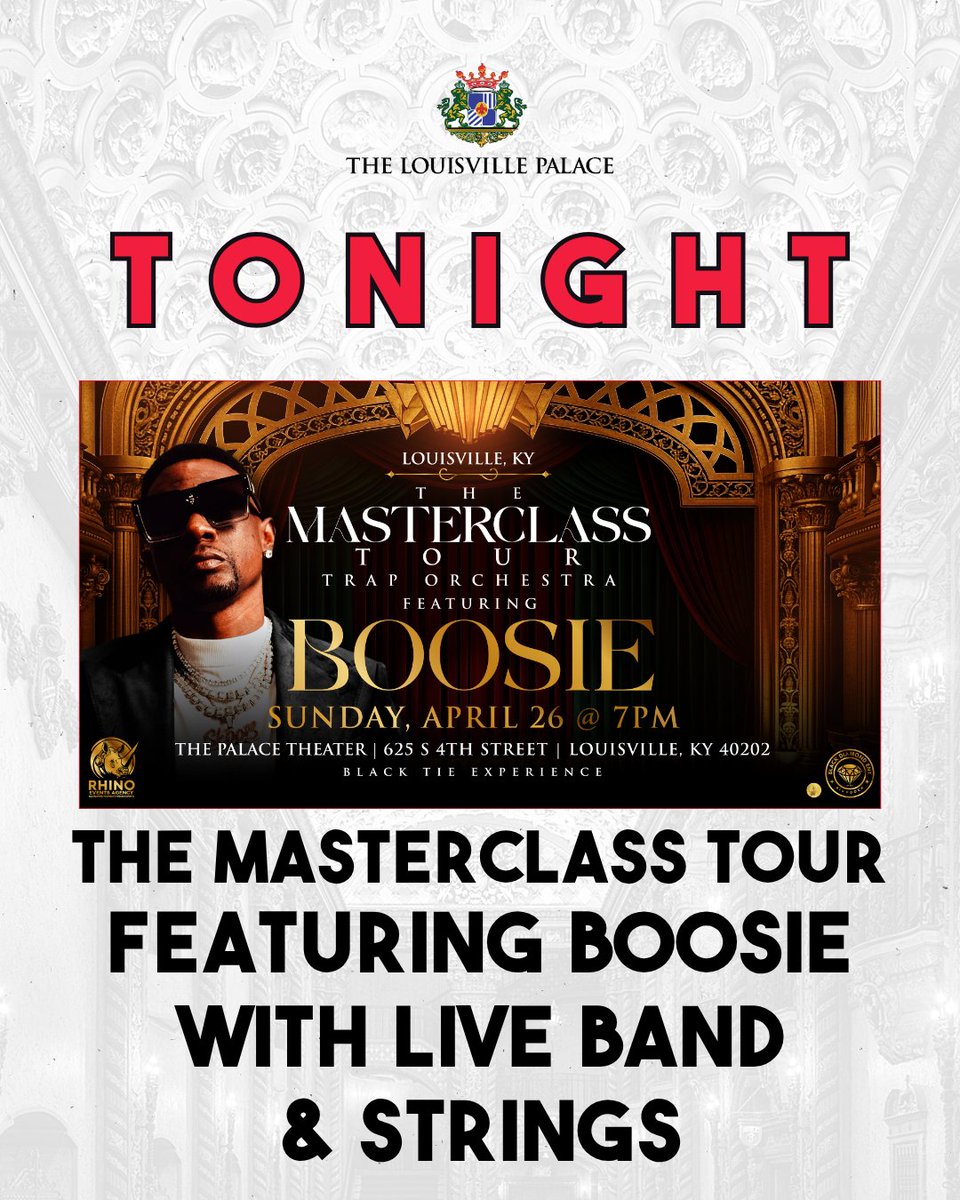 LvillePalace's tweet photo. Let’s enjoy a night at The Louisville Palace for The Masterclass Tour featuring Boosie with Live Band &amp; Strings!

🚪7pm | 🎶8pm 
Marquee Lounge🚪6:30pm
🎟️ https://t.co/2Gr0pO8bb9

‼️Due to downtown Derby events, fans may experience street closures &amp; limited street parking. https://t.co/uN3g2VFM4F