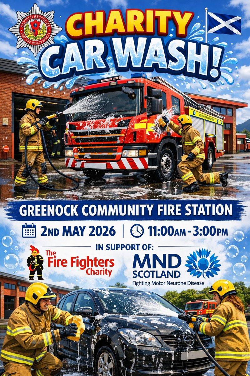 DonaldGillan's tweet photo. Charity car wash at Greenock Community Fire Station this Saturday. Make sure your pride and joy gets the treatment it deserves and help 2 fantastic charities along the way 🔥👩‍🚒👨‍🚒🚒 https://t.co/FlutFgpIIq