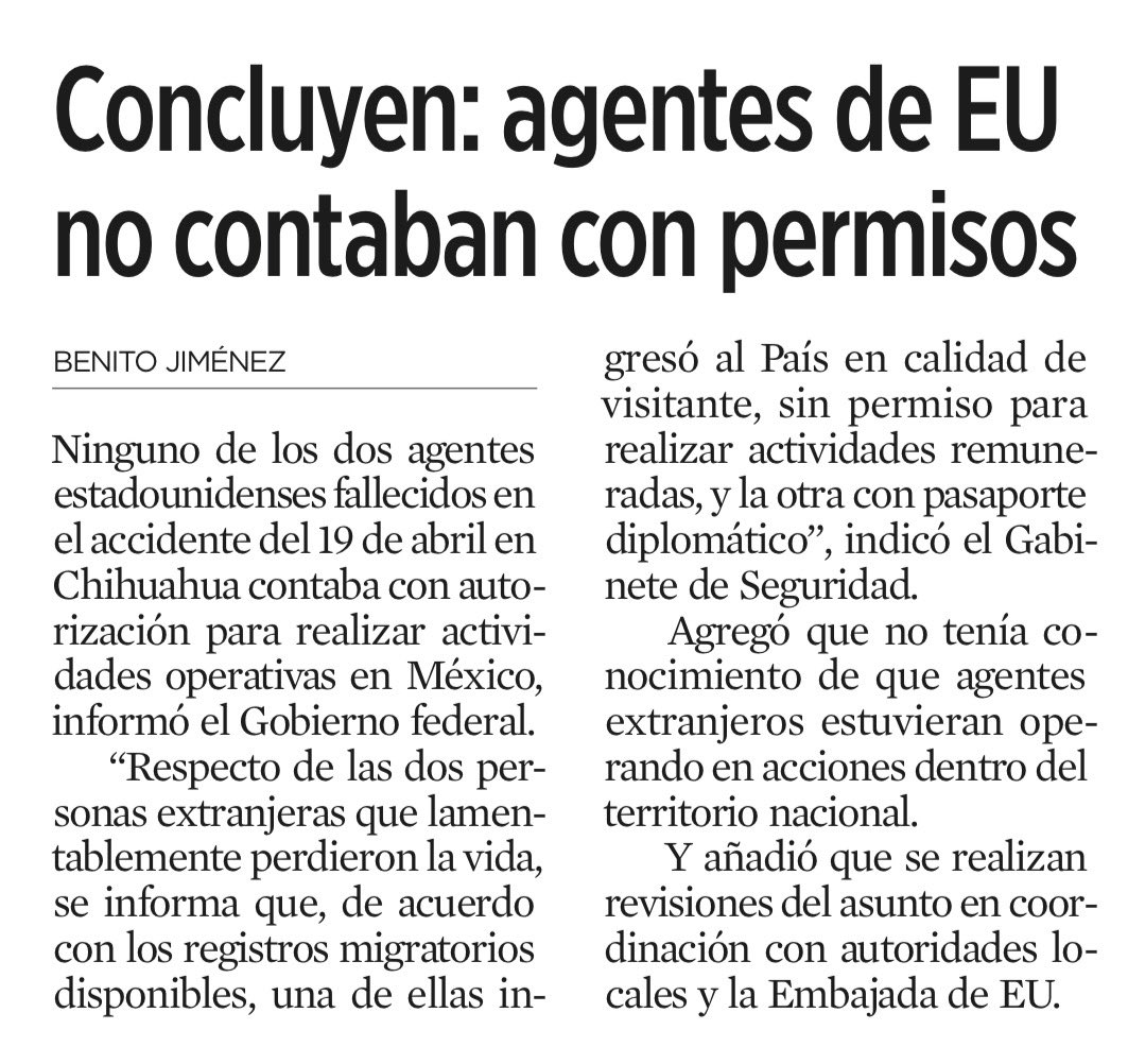 Informan que los agentes fallecidos en Chihuahua no tenían permiso para operar en México. 

Eso demuestra la incompetencia de la Cancillería. Debe ser enorme la cantidad de funcionarios de embajadas que entran al país con un propósito distinto al que declaran. 

Son una coladera.
