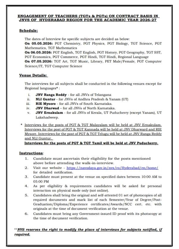 jnvmalappuram's tweet photo. Walk-in-interview 

Applications are invited for 

ENGAGEMENT OF TEACHERS ON CONTRACT BASIS IN JNVs OF 

HYDERABAD REGION FOR THE ACADEMIC YEAR 2026-27 https://t.co/wQvf4d84mV