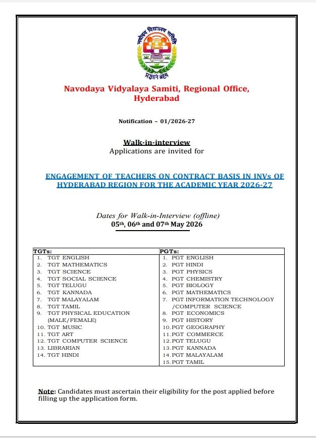 jnvmalappuram's tweet photo. Walk-in-interview 

Applications are invited for 

ENGAGEMENT OF TEACHERS ON CONTRACT BASIS IN JNVs OF 

HYDERABAD REGION FOR THE ACADEMIC YEAR 2026-27 https://t.co/wQvf4d84mV