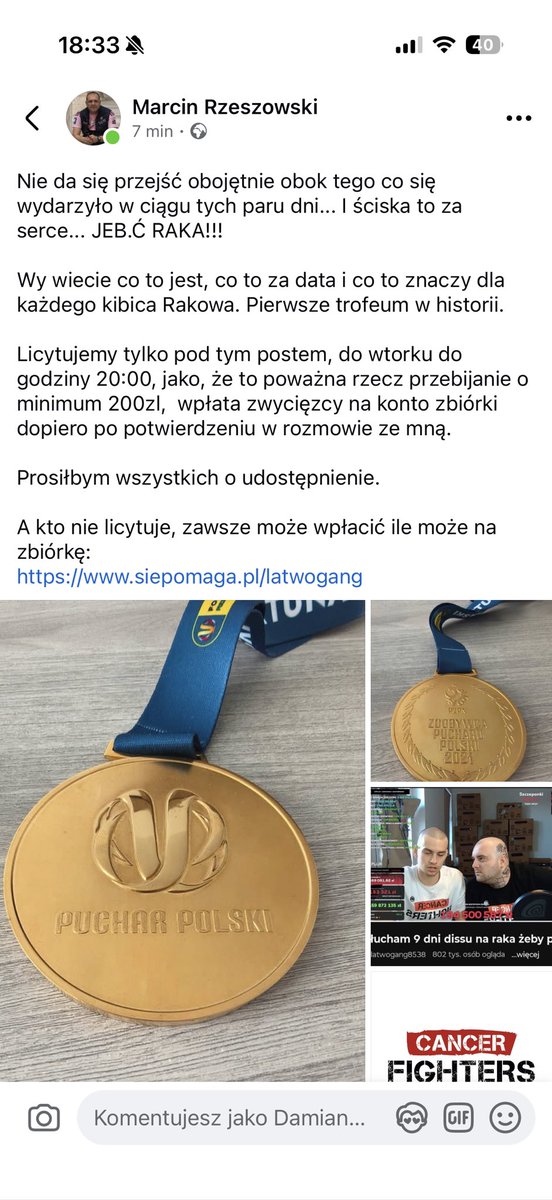 markowski_dm's tweet photo. Marcina zapewne znacie. Na jego Facebooku trwa licytacja medalu za zwycięstwo w Pucharze Polski w 2021 roku. Cel jest słuszny - śmiało więc polecam! 🙌🏻

Link ➡️ https://t.co/6EJfsqM8BK https://t.co/gFcZb9BOb1