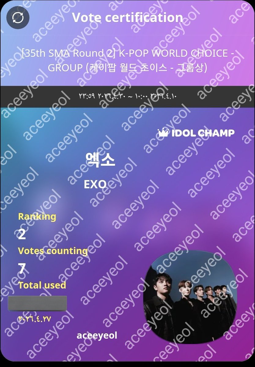 ACEEYEOL's tweet image. Guys, there are only 4 days left to the end of SMA voting, so please vote for exo in K-pop world choice (group) on idol champ!!
promo-web.idolchamp.com/app_proxy.html…
#EXO #엑소 #weareoneEXO @weareoneEXO