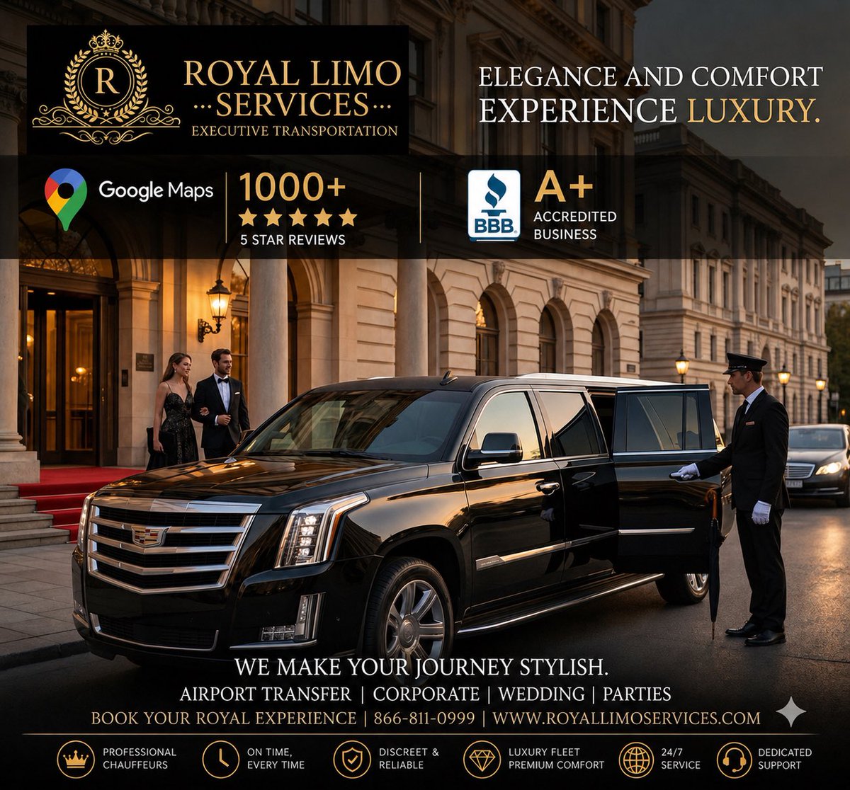 Royallimoservcs's tweet photo. Arrive in style. Travel with confidence. Experience true luxury.

At Royal Limo Services, we don’t just provide transportation — we deliver an experience defined by precision, professionalism, and prestige. Whether you’re heading to O’Hare or Midway, arriving at a private jet terminal, or attending a special event, every ride is tailored to perfection.

With over 1000+ 5-star reviews, our reputation speaks for itself. Clients choose Royal Limo Services for reliability, discretion, and a premium fleet that includes executive sedans, luxury SUVs, and high-end vehicles designed for comfort and class.

From corporate travel to VIP airport transfers, we ensure:
✔ On-time, every time  
✔ Professional chauffeurs  
✔ Luxury fleet maintained to perfection  
✔ 24/7 availability  
✔ Privacy & discretion for every client  

Your journey isn’t just a ride — it’s a statement.

📞 866-811-0999  
🌐 https://t.co/im0vy6DVNm  

#RoyalLimoServices #ChicagoLimo #BlackCarService #LuxuryTransportation #ExecutiveTravel #VIPService #AirportTransfer #OhareAirport #MidwayAirport #PrivateJetLife #FBO #ChauffeurService #LuxuryLifestyle #BusinessTravel #TravelInStyle #EliteService #5StarService #ChicagoBusiness #CorporateTravel #LuxuryExperience