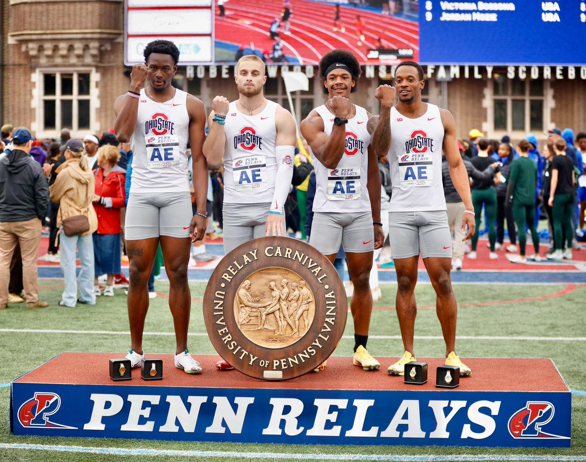 OhioStAthletics's tweet image. ICYMI it was record setting Saturday for the Buckeyes 🌰

@OhioStateTFXC win their first Penn Relays wheel in the 4x100m since 1932 AND win the men's 4x400m relay in 3:05.85 💨

#GoBucks | #DevelopedHere
